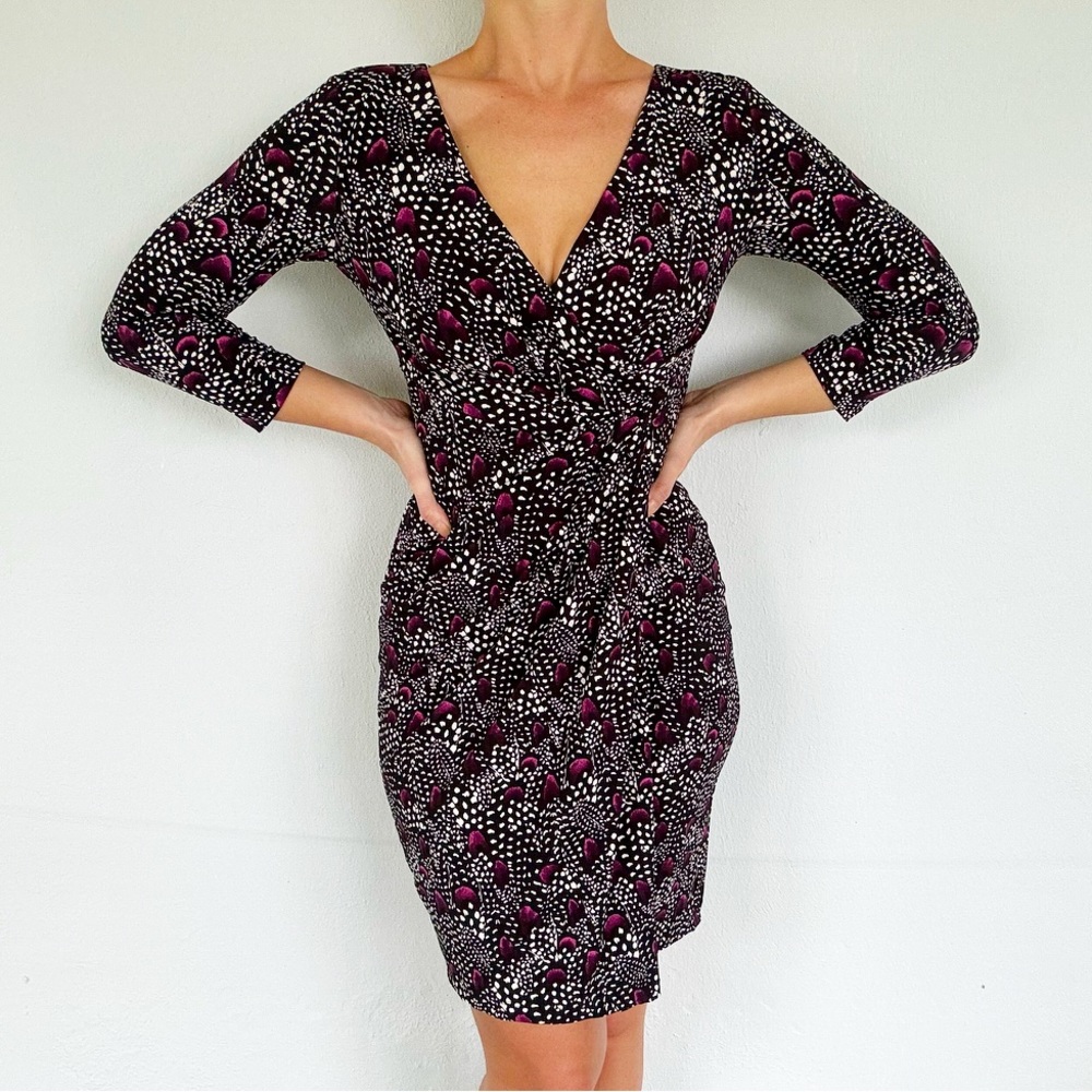 WHBM purple black feather surplice v-neck long sleeve bodycon dress size 00